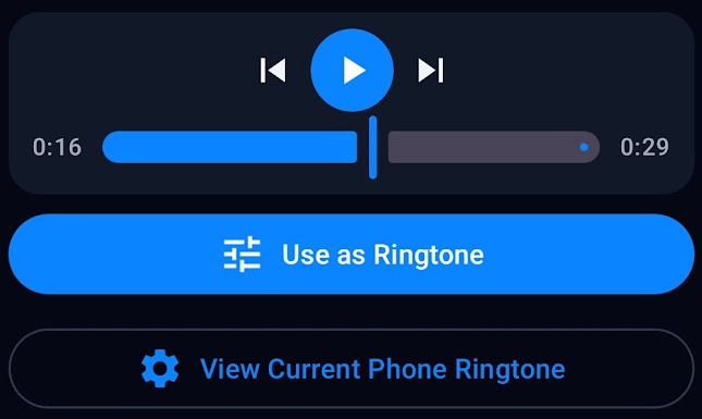 Commandes Use as Ringtone et View Current Phone Ringtone dans Ringy sur Android